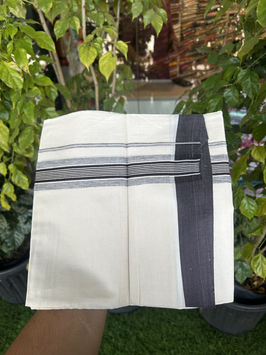 20% Discount! Kaitharikada Balaramapuram Double Off White Mundu/Dhoti - 100x80 - 1.5 Inch Black Shaded Stripes Kara 4 mtr (8.5 muzham) - 29 KK5311 VAS