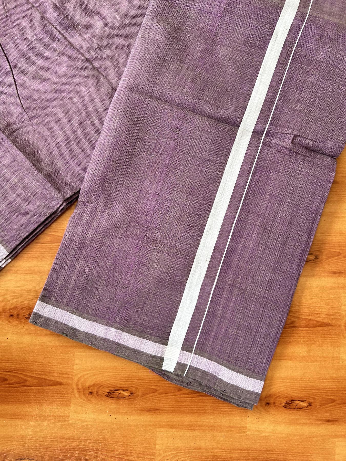 Kerala Handloom Single Kaily/Lungi - KaithariKada 100% Pure Cotton - 40s - 0.5 cm White Stripes Kara With Sage Green & Purple colour Body - (2 meter / 4 muzham) - 4 KK8065 ELA