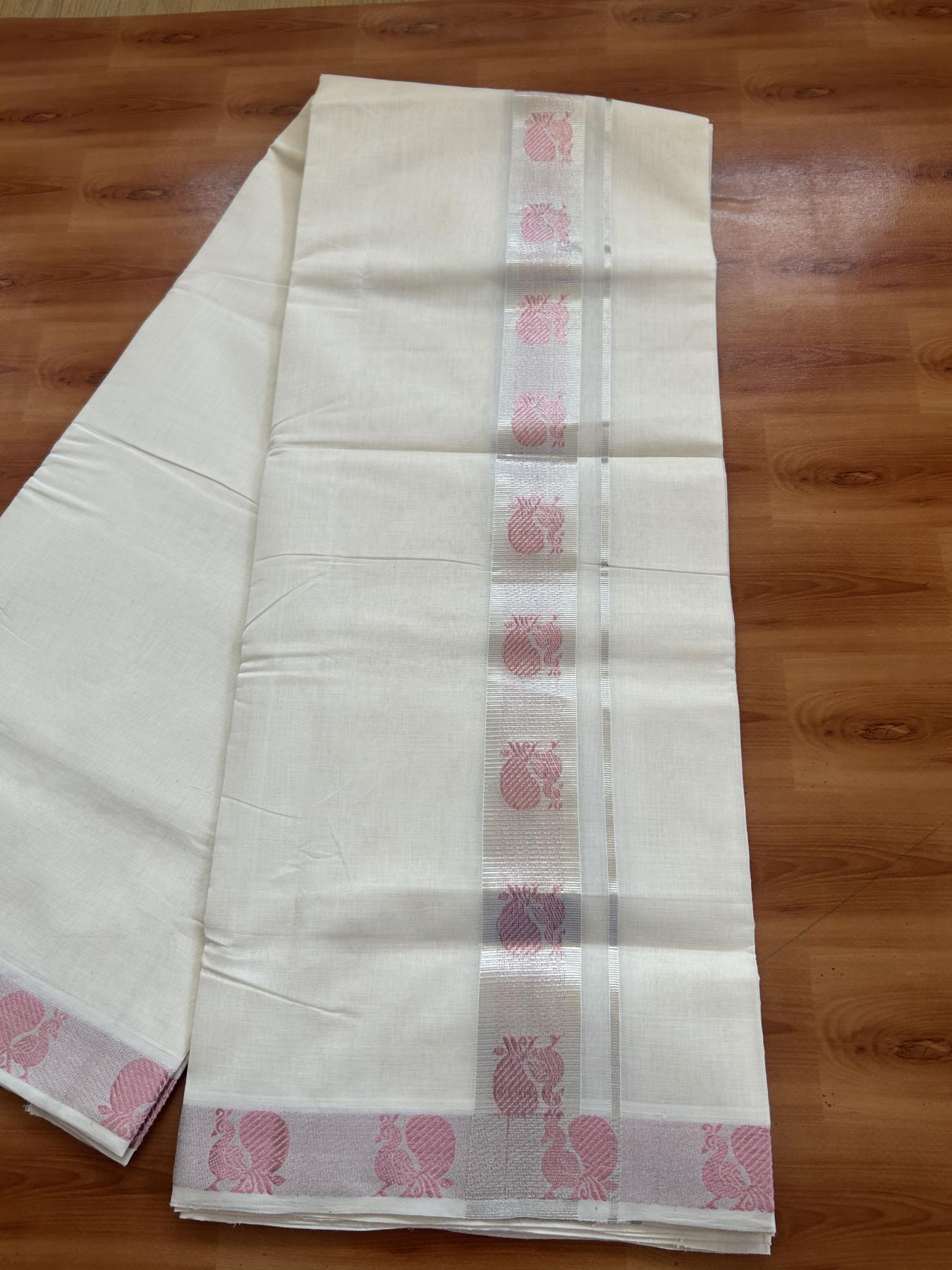 25% Discount ! Kaitharikada Handloom Unakkupaav - Kerala Handloom - 100% Pure Cotton Off White - (Unbleached) Double Mund/Dhoti - 100x80 - 1.75 inch Silver & Rose Pink Kasav Peacock Jacquard Design Kara 4 mtr (8.5 Muzham) - 38 KK5384 ABH