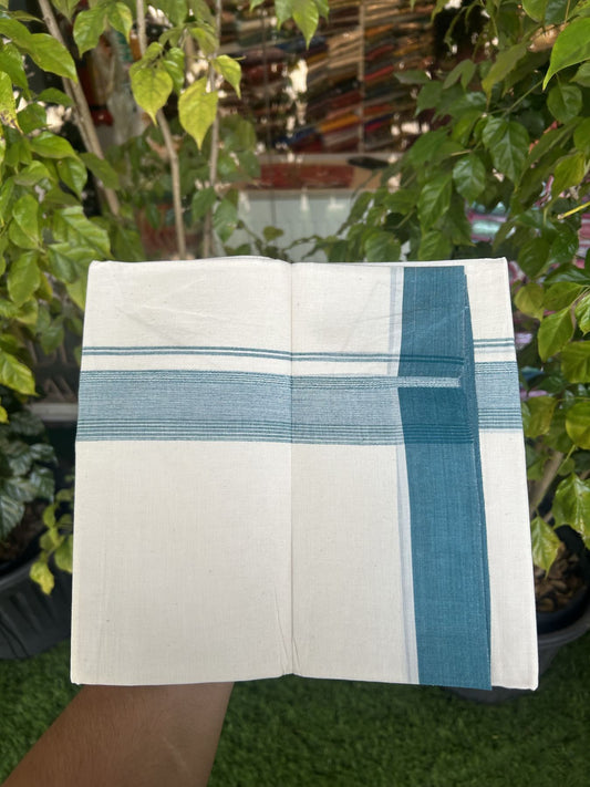 20% Discount! Kaitharikada Balaramapuram Double Off White Mundu/Dhoti - 100x80 - 1.75 Inch Peacock Blue Shaded Stripes Kara 4 mtr (8.5 muzham) - 20 KK5311 VAS
