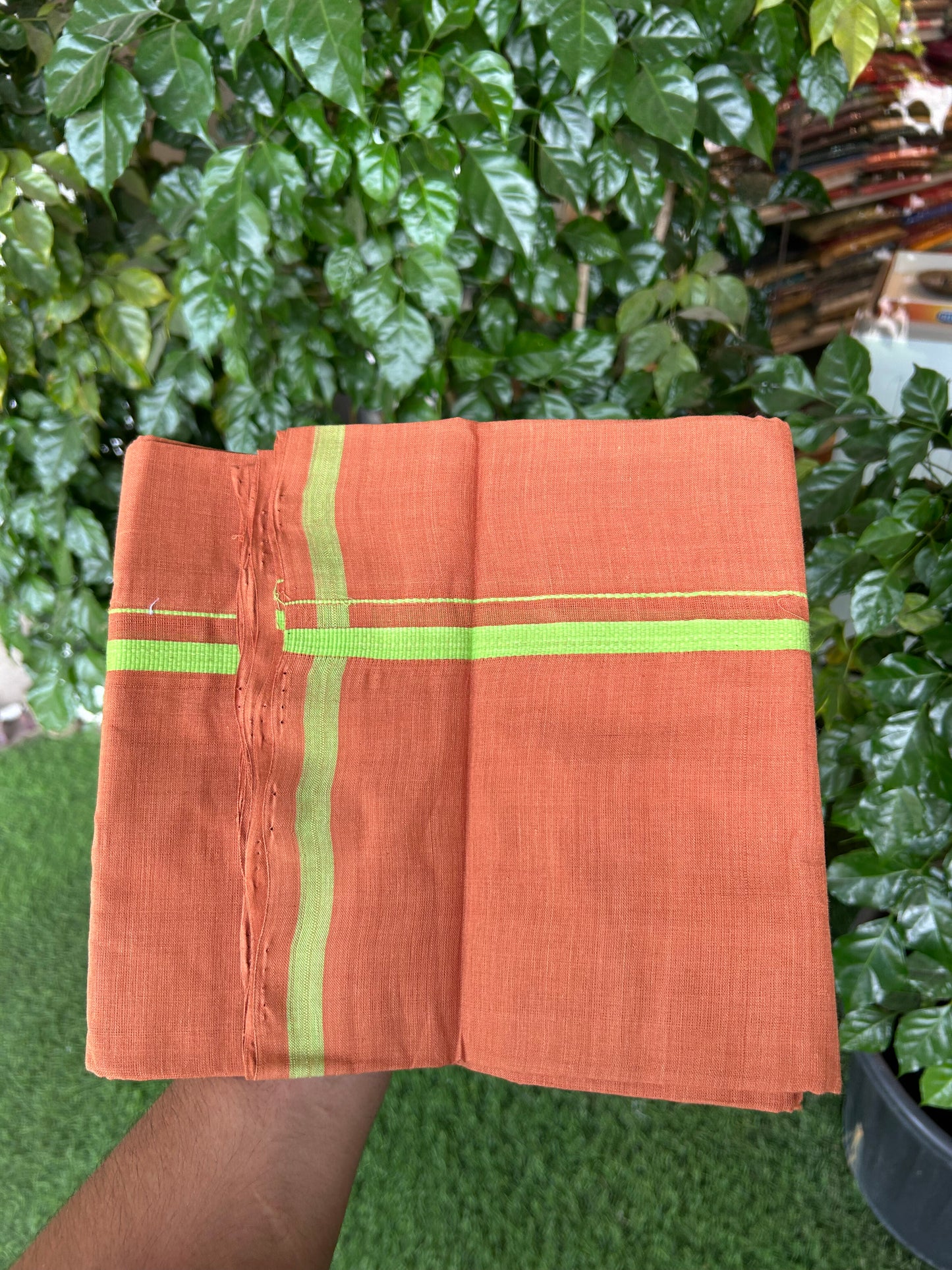 Kerala Handloom Single  - KaithariKada 100% Pure Cotton - Mundu/Dhoti Kavi Body & 0.75 inch Green Kara - (2 meter / 4 muzham)- 30 KK8051 ELA