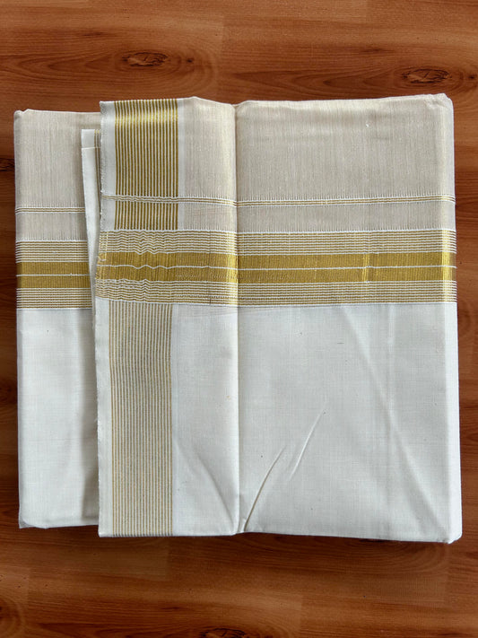 Double Off White Dhoti/Mund- 20% Discount! Kaitharikada Balaramapuram  Cotton - (60s) - 7.25 Inch Gold Kasav Tissue Striped Kara 4 mtr (8.5 muzham) - 4 KK5412 GAN