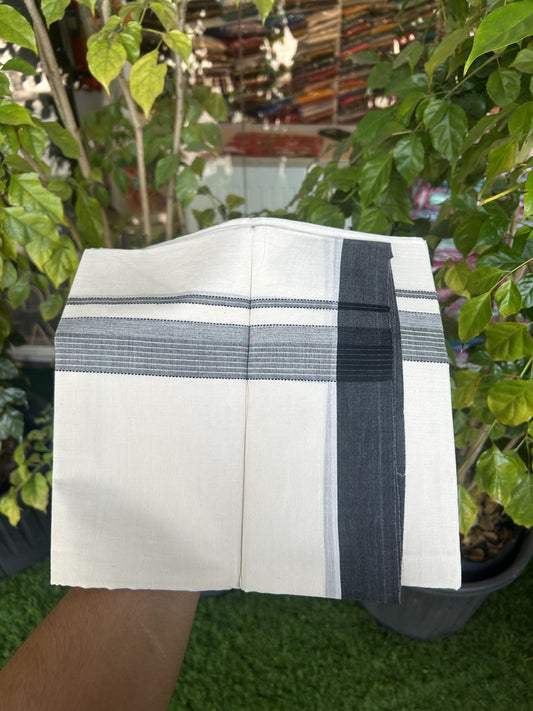 20% Discount! Kaitharikada Balaramapuram Double Off White Mundu/Dhoti - 100x80 - 1.25 Inch Black Shaded Stripes Kara 4 mtr (8.5 muzham) - 18 KK5311 VAS