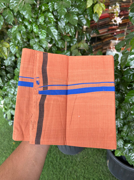Kerala Handloom Single  - KaithariKada 100% Pure Cotton - Mundu/Dhoti Kavi Body & 0.75 inch Blue Kara - (2 meter / 4 muzham)- 29 KK8051 ELA