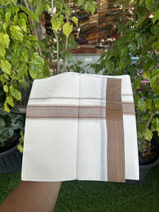 20% Discount! Kaitharikada Balaramapuram Double Off White Mundu/Dhoti -100x80 - 1.25 Inch Caramel Brown Shaded Stripes Kara 4 mtr (8.5 muzham) - 11 KK5311 VAS
