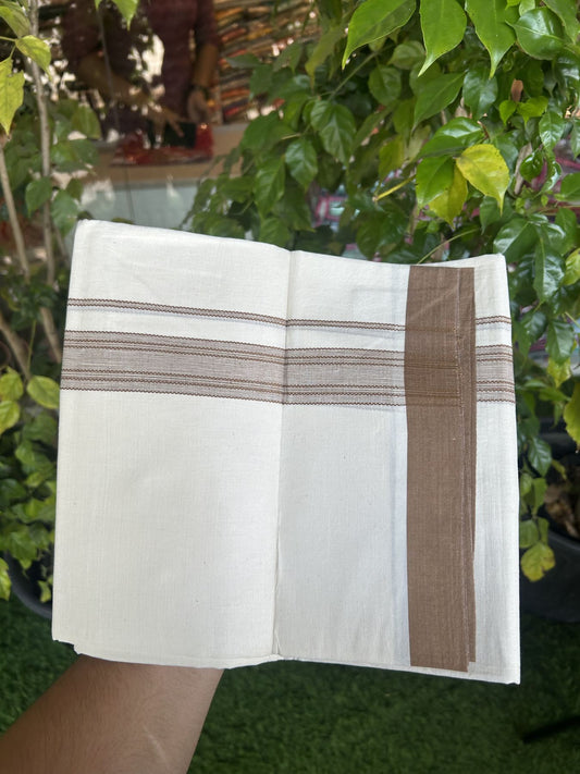 20% Discount! Kaitharikada Balaramapuram Double Off White Mundu/Dhoti -100x80 - 1.25 Inch Caramel Brown Shaded Stripes Kara 4 mtr (8.5 muzham) - 12 KK5311 VAS