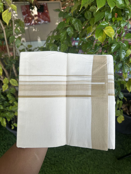 20% Discount! Kaitharikada Balaramapuram Double Off White Mundu/Dhoti -100x80 - 1.5 Inch Sand Brown Stripes Kara 4 mtr (8.5 muzham) - 9 KK5311 VAS