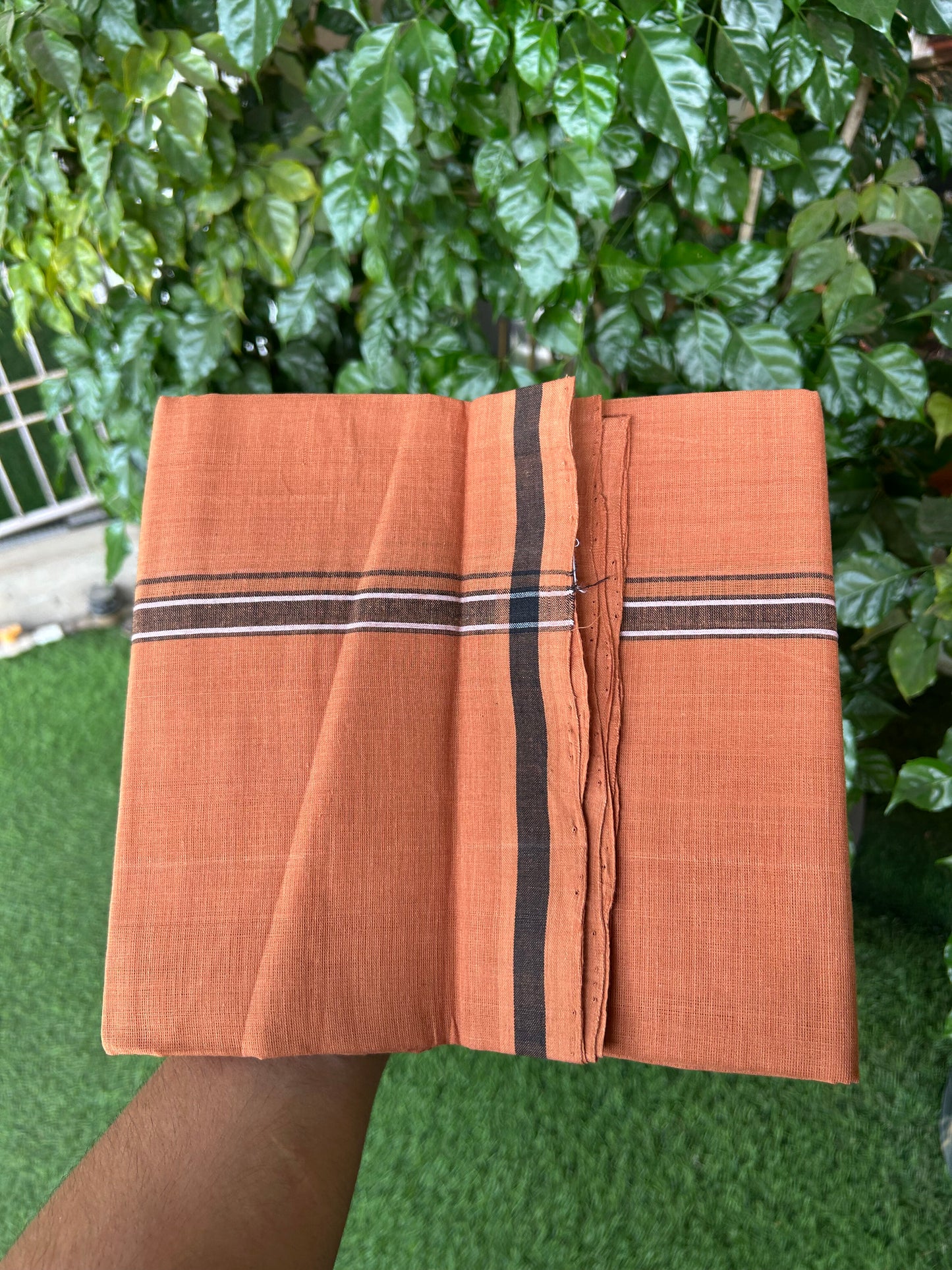 Kerala Handloom Single  - KaithariKada 100% Pure Cotton - Mundu/Dhoti Kavi Body & 0.75 inch Black & White Kara - (2 meter / 4 muzham)- 39 KK8051 ELA