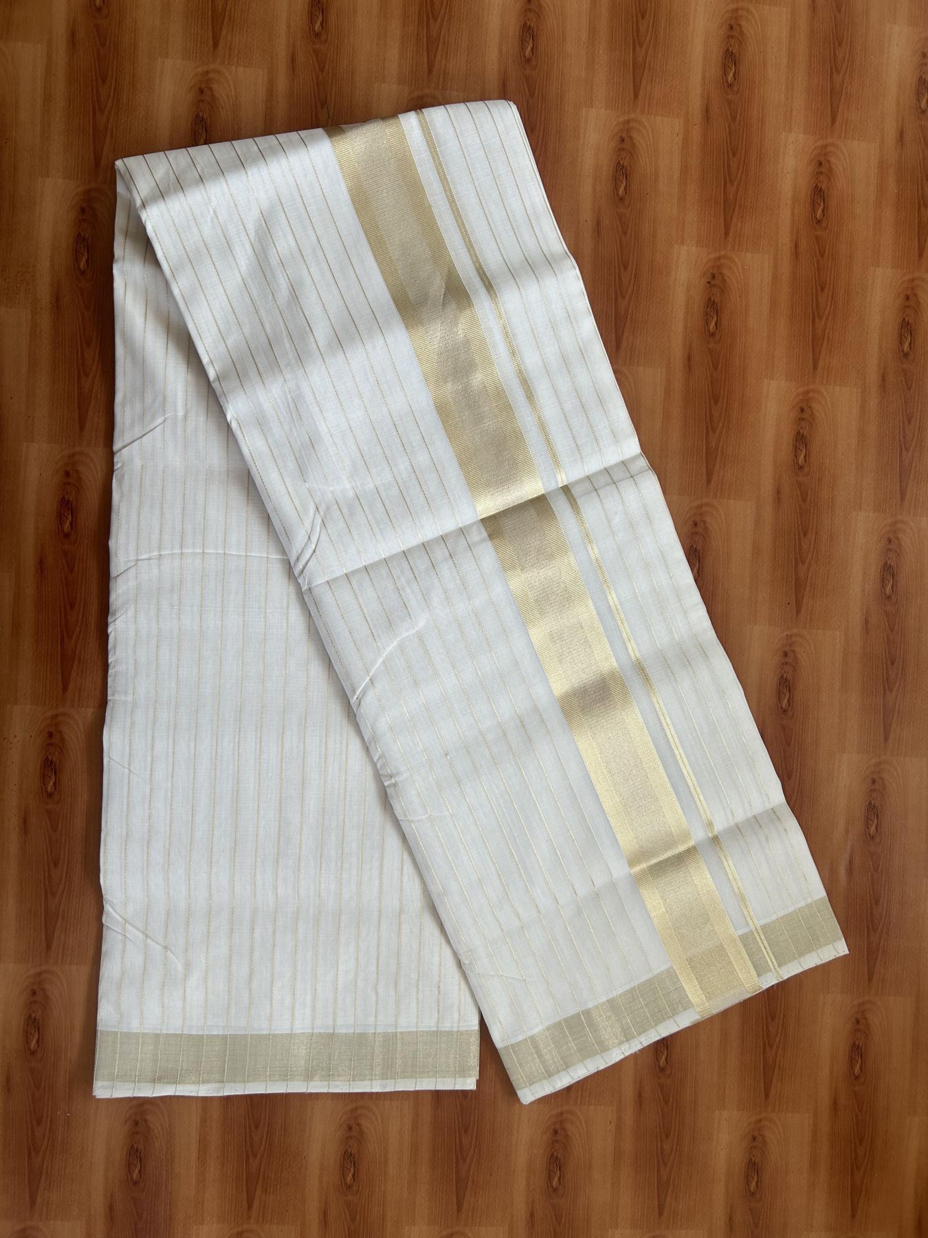25% Discount ! KaithariKada Handloom Unakkupaav - Kerala Handloom - 100% Pure Cotton Off White - (Unbleached) Double Mundu/Dhoti - 100x80 - 2 inch Light Kasav kara with Full Body Stripes 4 mtr (8.5 Muzham) - 8 KK5384 ABH