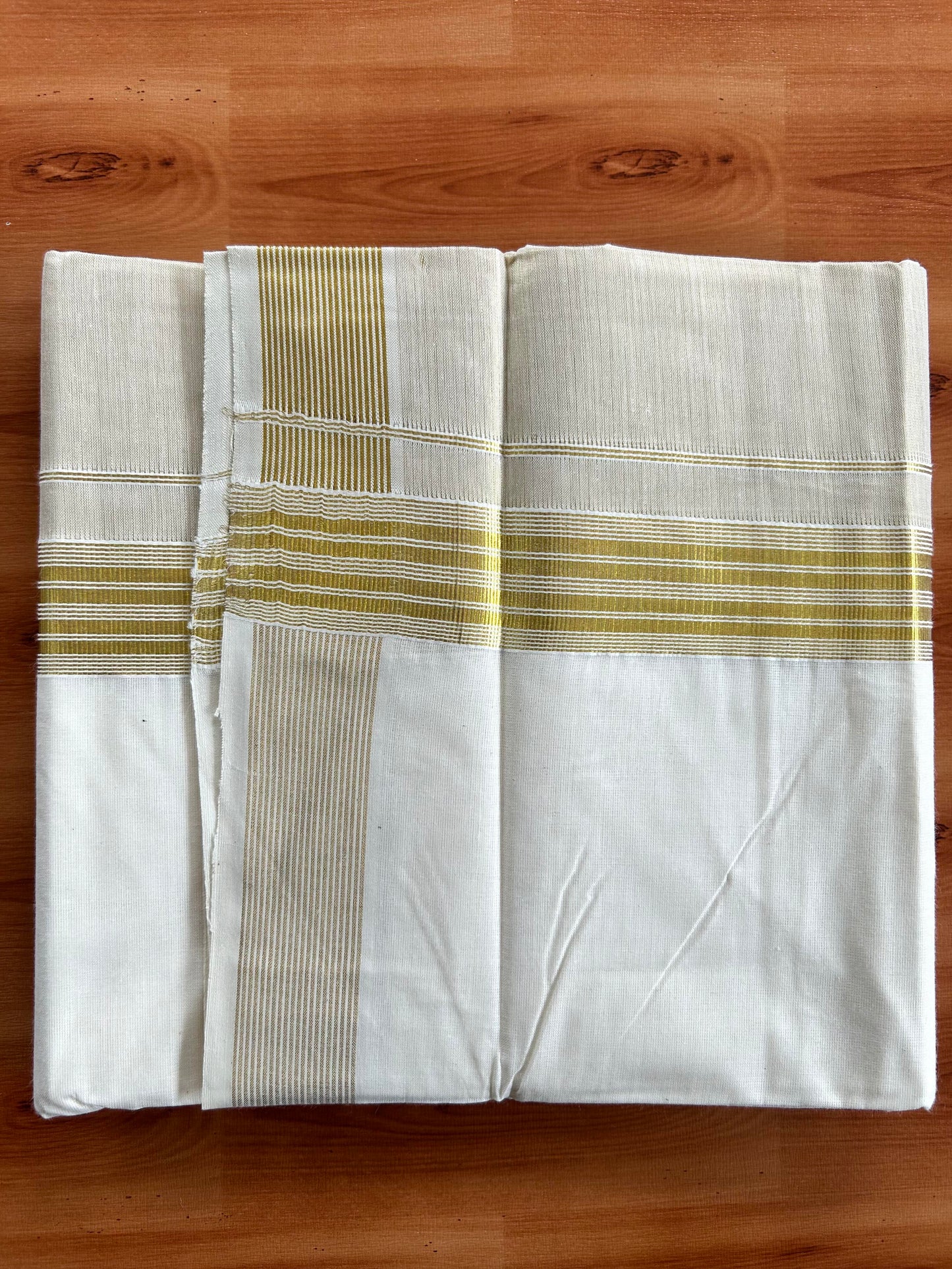 Double Off White Dhoti/Mund- 20% Discount! Kaitharikada Balaramapuram  Cotton - (60s) - 7.25 Inch Gold Kasav Tissue Striped Kara 4 mtr (8.5 muzham) - 2 KK5412 GAN