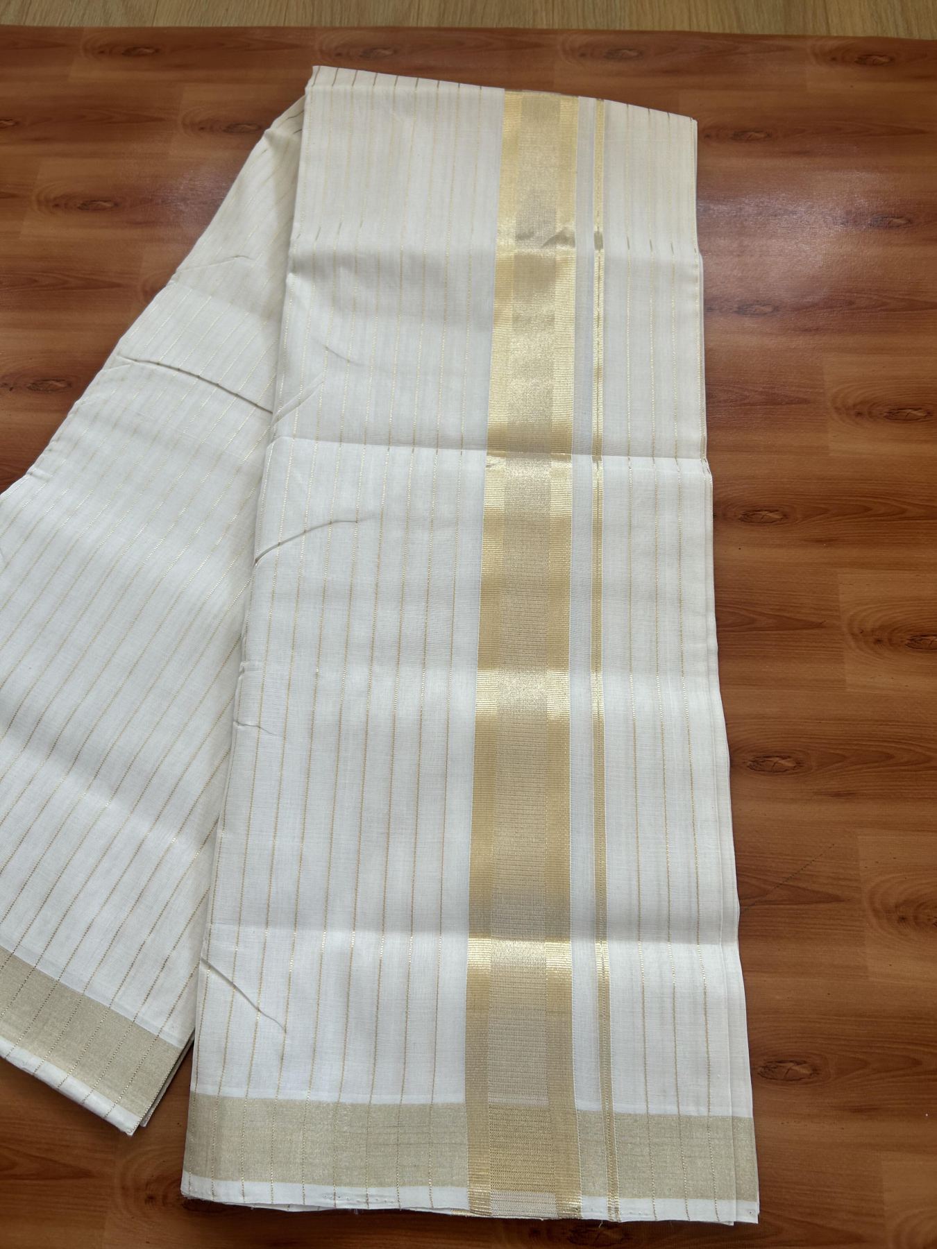 25% Discount ! KaithariKada Handloom Unakkupaav - Kerala Handloom - 100% Pure Cotton Off White - (Unbleached) Double Mundu/Dhoti - 100x80 - 2 inch Light Kasav kara with Full Body Stripes 4 mtr (8.5 Muzham) - 8 KK5384 ABH