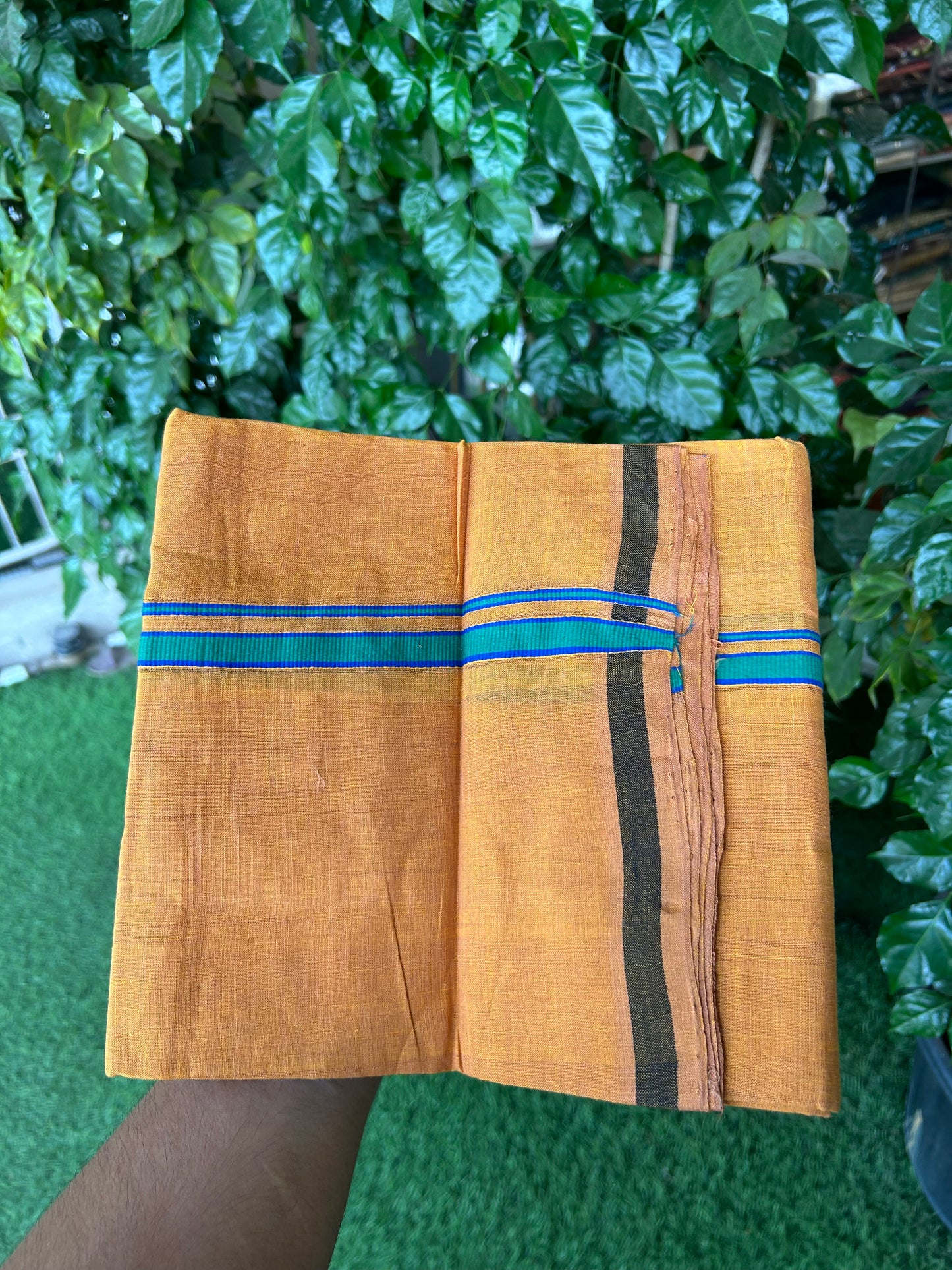 Kerala Handloom Single  - KaithariKada 100% Pure Cotton - Mundu/Dhoti Light Orange Body & 0.5 inch Green & Blue Kara - (2 meter / 4 muzham)- 18 KK8051 ELA