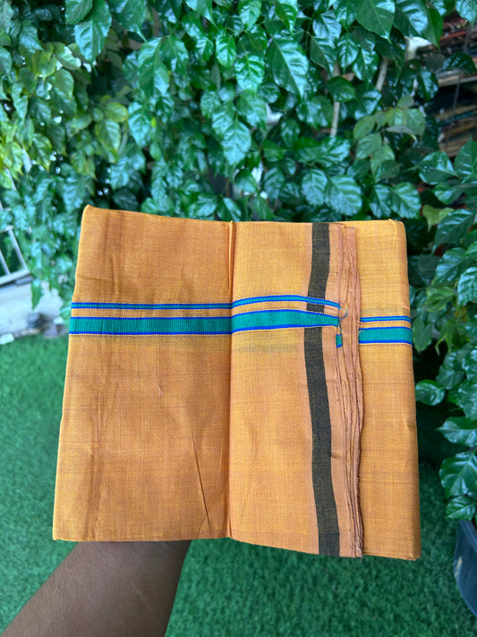 Kerala Handloom Single  - KaithariKada 100% Pure Cotton - Mundu/Dhoti Light Orange Body & 0.5 inch Green & Blue Kara - (2 meter / 4 muzham)- 18 KK8051 ELA