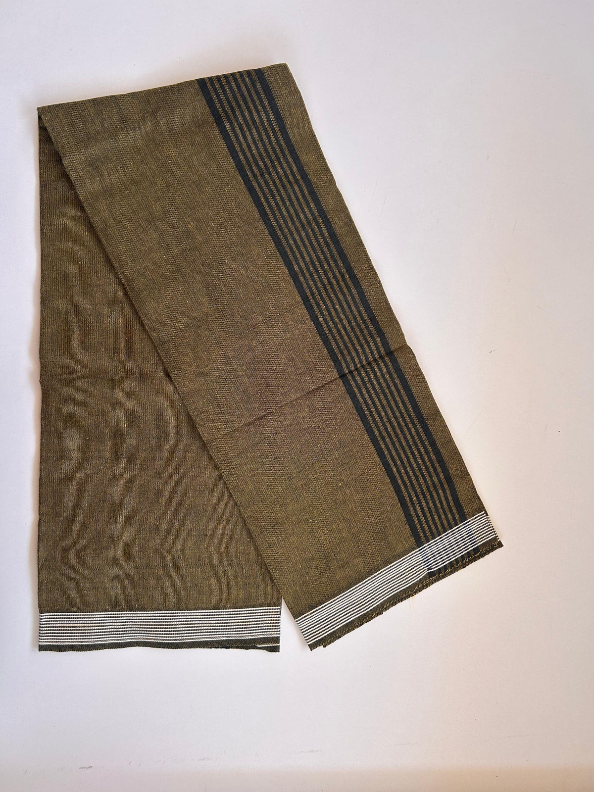 Kaitharikada - Single Kaily / Lungi - Mixed Cotton - (2/40s) twisted - 2.5 inch Black Striped kara with Mustard Yellow & Black Shaded colour body (2 meter / 4 muzham) - 27 KK8089 SAT