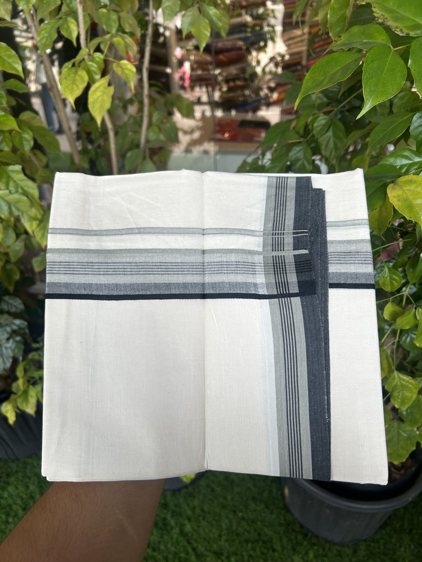 20% Discount! Kaitharikada Balaramapuram Double Off White Mundu/Dhoti - 100x80 - 1.5 Inch Black Shaded Stripes Kara 4 mtr (8.5 muzham) - 28 KK5311 VAS