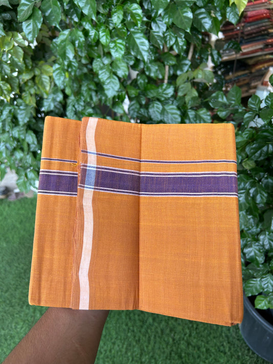 Kerala Handloom Single  - KaithariKada 100% Pure Cotton - Mundu/Dhoti Light Orange Body & 1.25 inch Violet Kara - (2 meter / 4 muzham)- 17 KK8051 ELA