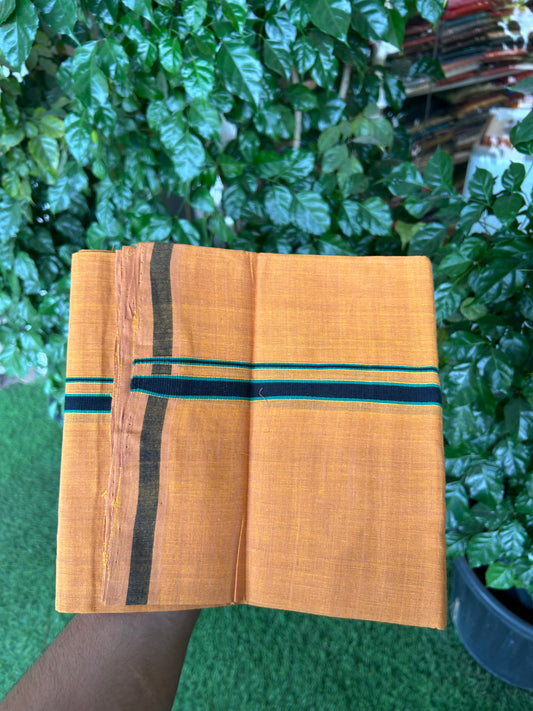 Kerala Handloom Single  - KaithariKada 100% Pure Cotton - Mundu/Dhoti Light Orange Body & 0.5 inch Green & Black Kara - (2 meter / 4 muzham)- 16 KK8051 ELA