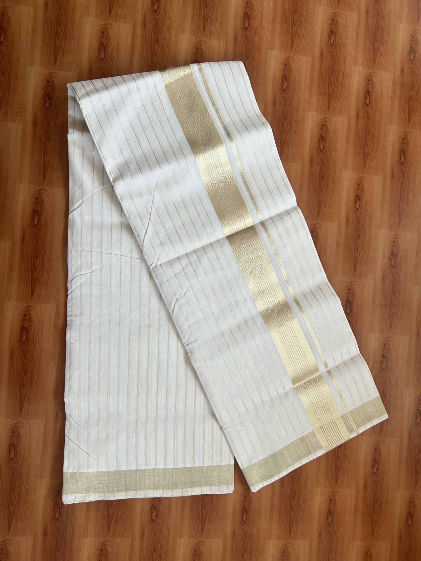 25% Discount ! KaithariKada Handloom Unakkupaav - Kerala Handloom - 100% Pure Cotton Off White - (Unbleached) Double Mundu/Dhoti - 100x80 - 2 inch Light Kasav kara with Full Body Stripes 4 mtr (8.5 Muzham) - 9 KK5384 ABH