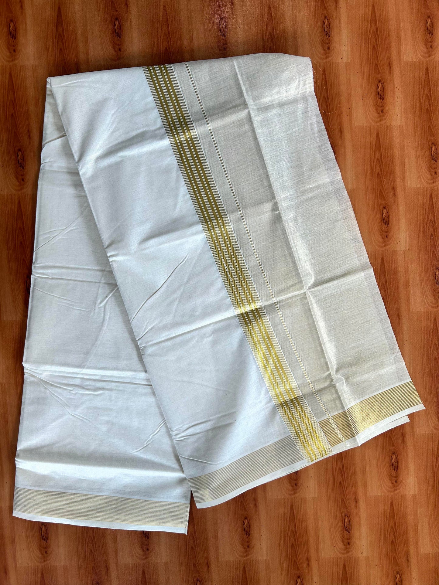 Double Off White Dhoti/Mund- 20% Discount! Kaitharikada Balaramapuram  Cotton - (60s) - 7.25 Inch Gold Kasav Tissue Striped Kara 4 mtr (8.5 muzham) - 2 KK5412 GAN