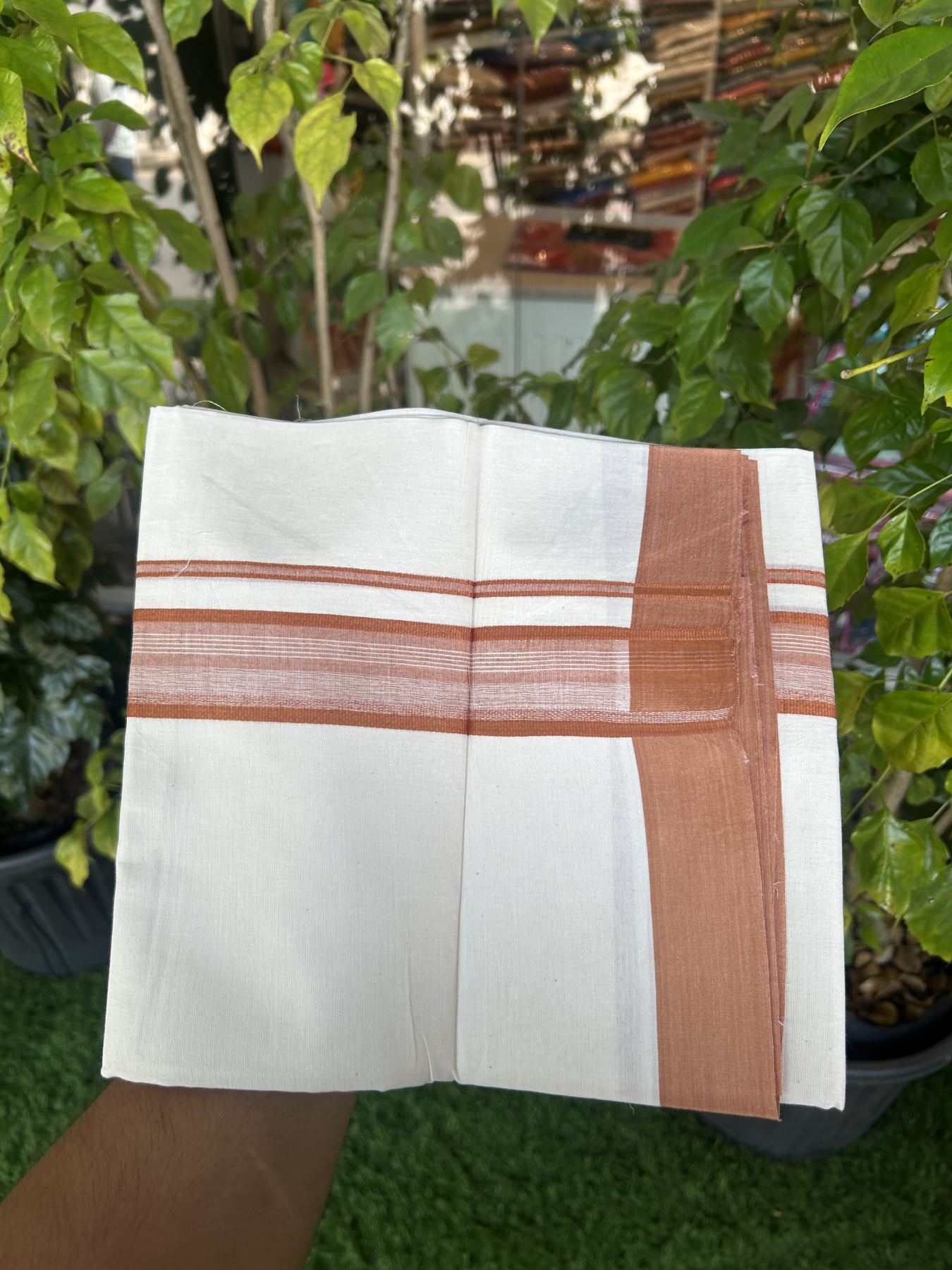 20% Discount! Kaitharikada Balaramapuram Double Off White Mundu/Dhoti - 100x80 - 1.5 Inch Burnt Orange Shaded Stripes Kara 4 mtr (8.5 muzham) - 23 KK5311 VAS