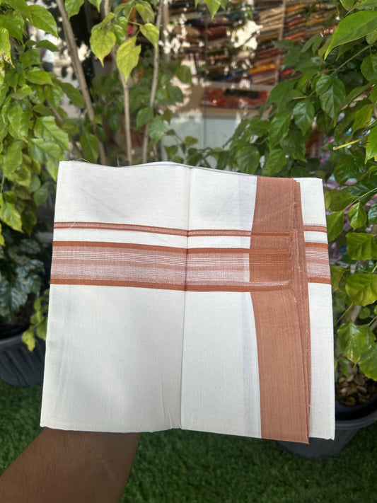 20% Discount! Kaitharikada Balaramapuram Double Off White Mundu/Dhoti - 100x80 - 1.5 Inch Burnt Orange Shaded Stripes Kara 4 mtr (8.5 muzham) - 23 KK5311 VAS