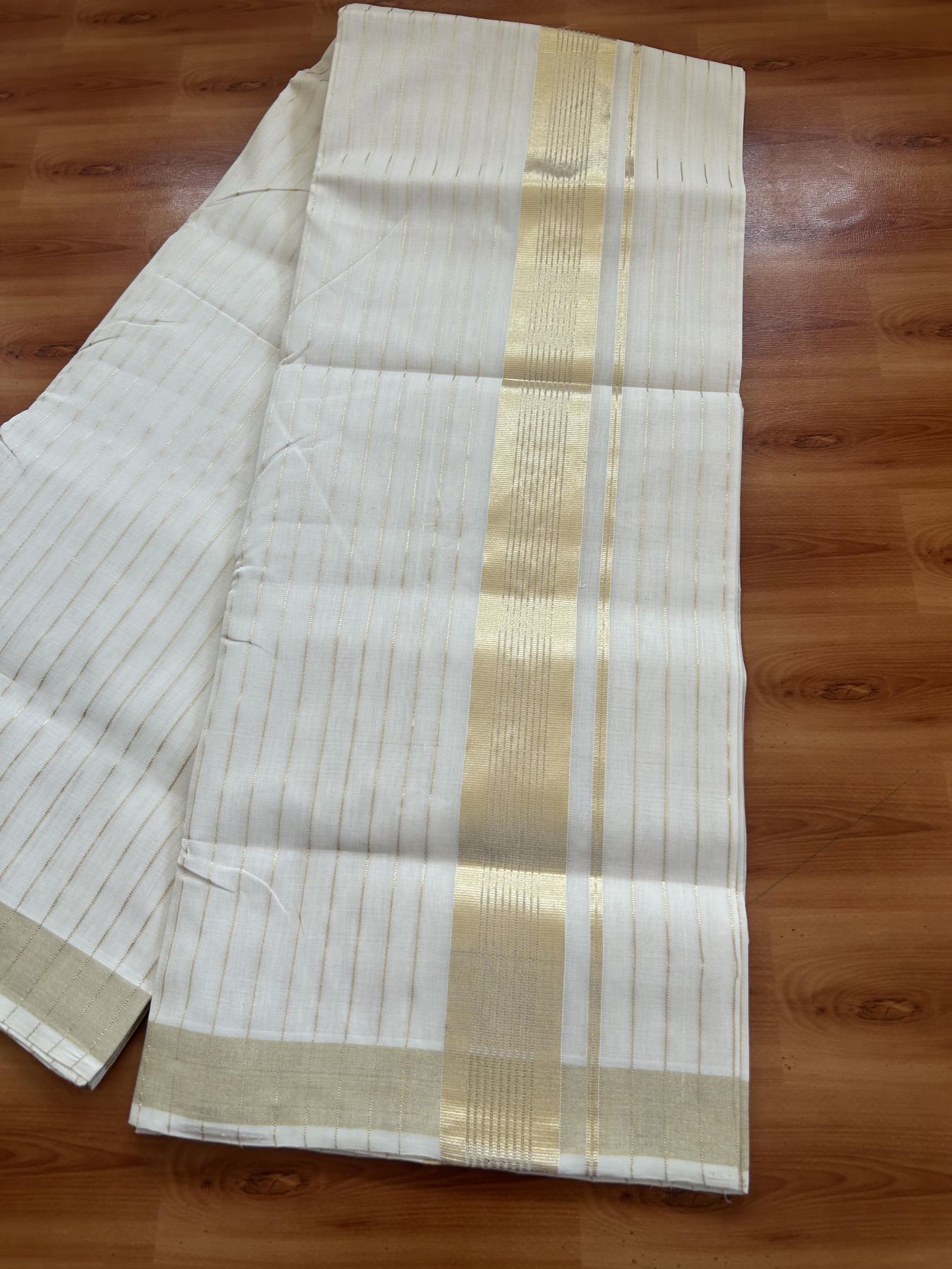 25% Discount ! KaithariKada Handloom Unakkupaav - Kerala Handloom - 100% Pure Cotton Off White - (Unbleached) Double Mundu/Dhoti - 100x80 - 2 inch Light Kasav kara with Full Body Stripes 4 mtr (8.5 Muzham) - 9 KK5384 ABH