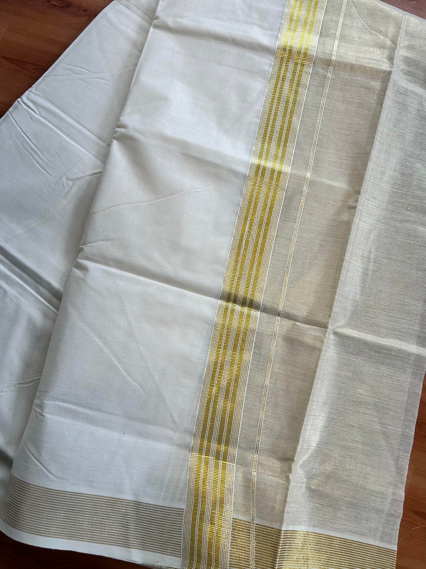 Double Off White Dhoti/Mund- 20% Discount! Kaitharikada Balaramapuram  Cotton - (60s) - 7.25 Inch Gold Kasav Tissue Striped Kara 4 mtr (8.5 muzham) - 2 KK5412 GAN