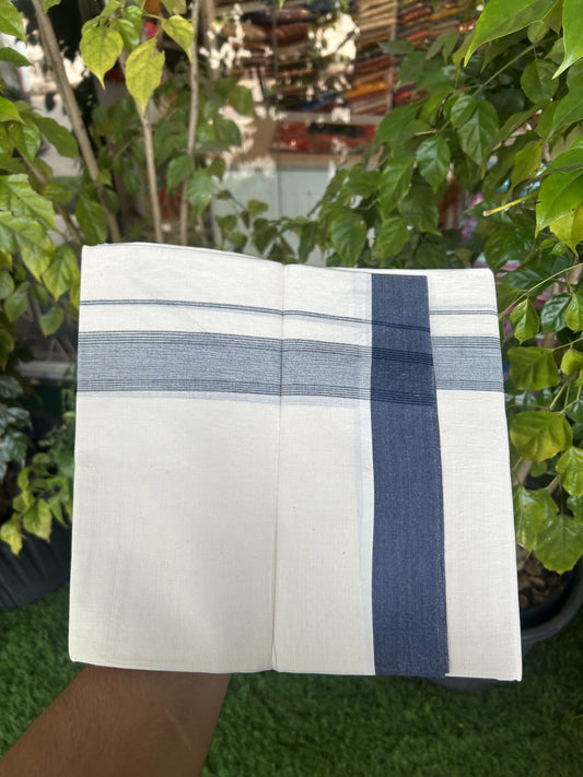20% Discount! Kaitharikada Balaramapuram Double Off White Mundu/Dhoti -100x80 - 1.5 Inch Navy Blue Shaded Stripes Kara 4 mtr (8.5 muzham) - 13 KK5311 VAS