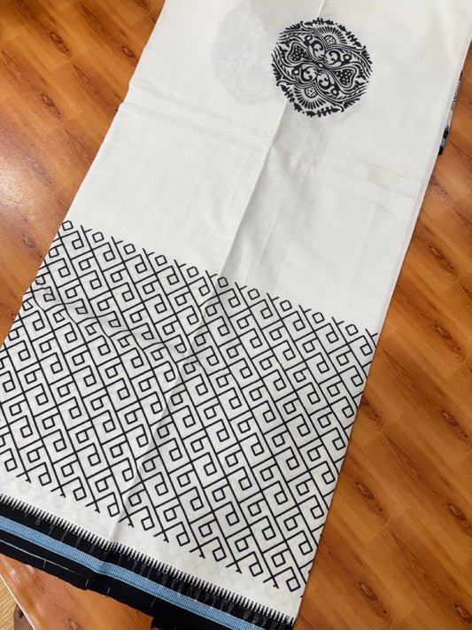 Printed Single Kaily / Lungi -Mixed Cotton - Kaitharikada - 40s twisted - Black Design printed kuppadam kara with White colour body (2 meter / 4 muzham) - 103 KK8069 GAN