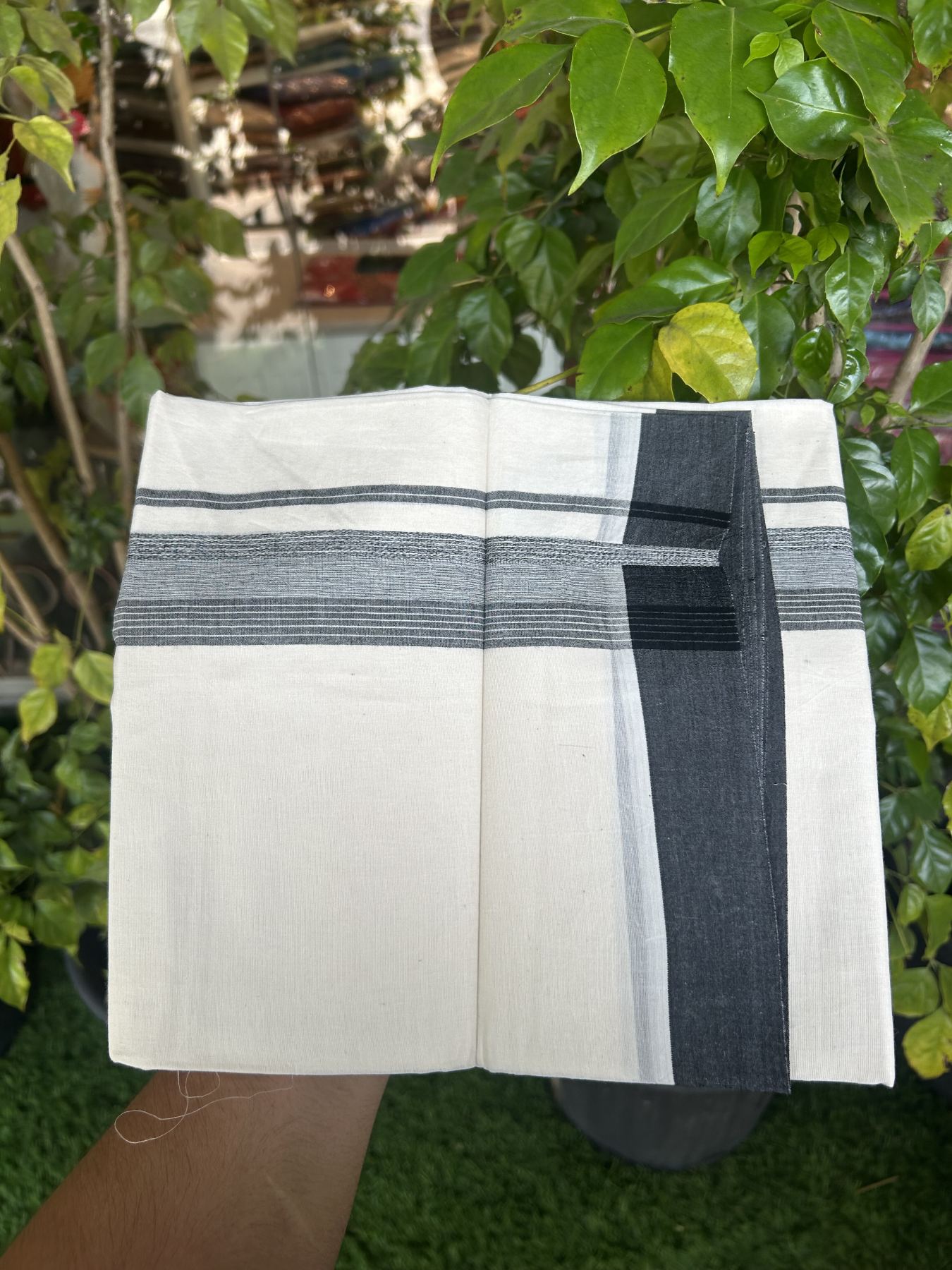 20% Discount! Kaitharikada Balaramapuram Double Off White Mundu/Dhoti - 100x80 - 1.5 Inch Black Shaded Stripes Kara 4 mtr (8.5 muzham) - 25 KK5311 VAS
