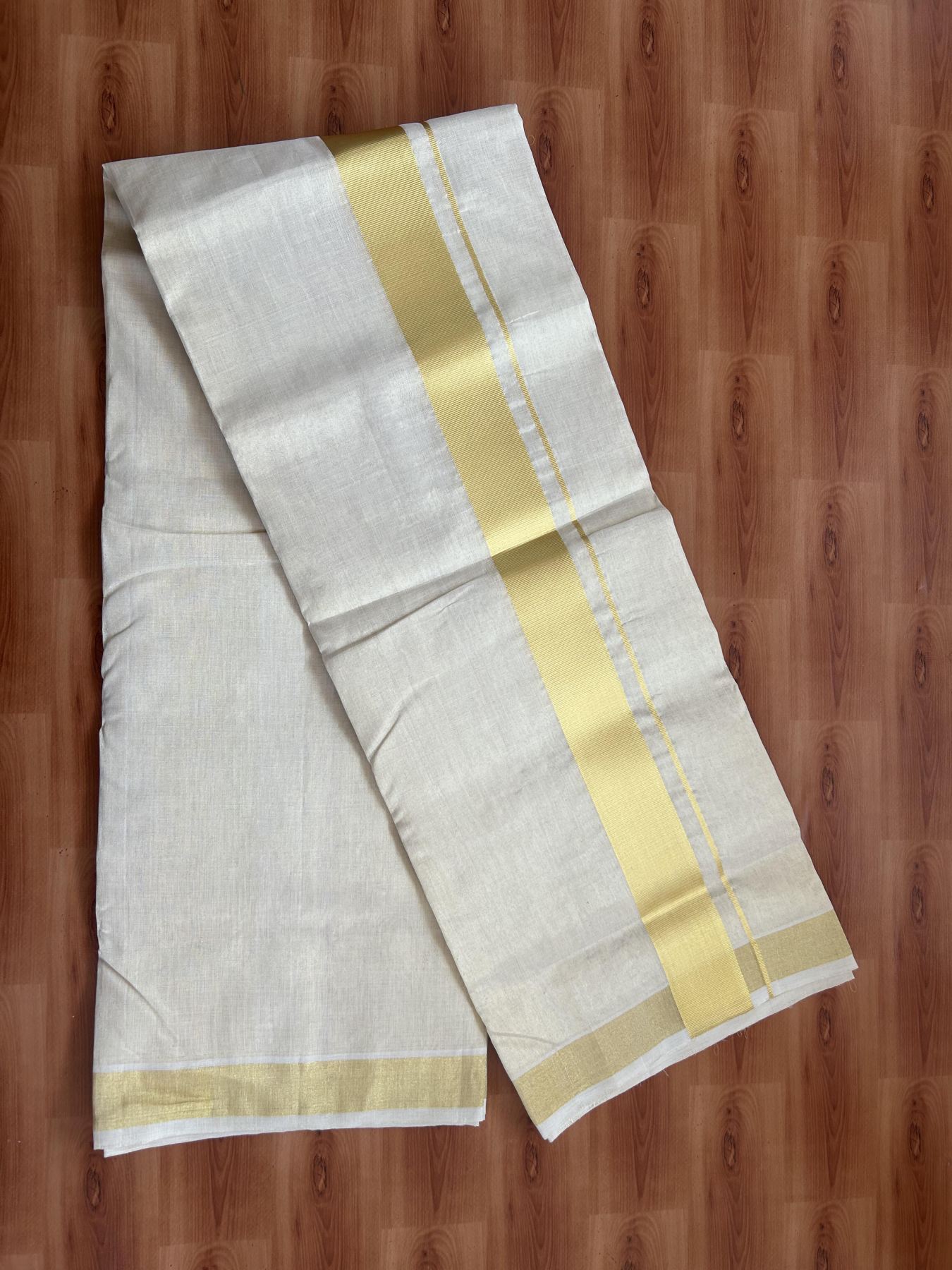25% Discount ! KaithariKada Handloom Unakkupaav Kerala Handloom - Pure Cotton Off White - (Unbleached) Double Mundu/Dhoti - (100X80) - 2 inch Gold Kasavu Tissue Body 4 mtr (8.5 Muzham) - 12 KK5384 ABH