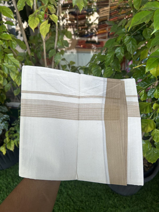 20% Discount! Kaitharikada Balaramapuram Double Off White Mundu/Dhoti - 100x80 - 1.5 Inch Sand Brown Shaded Stripes Kara 4 mtr (8.5 muzham) - 24 KK5311 VAS