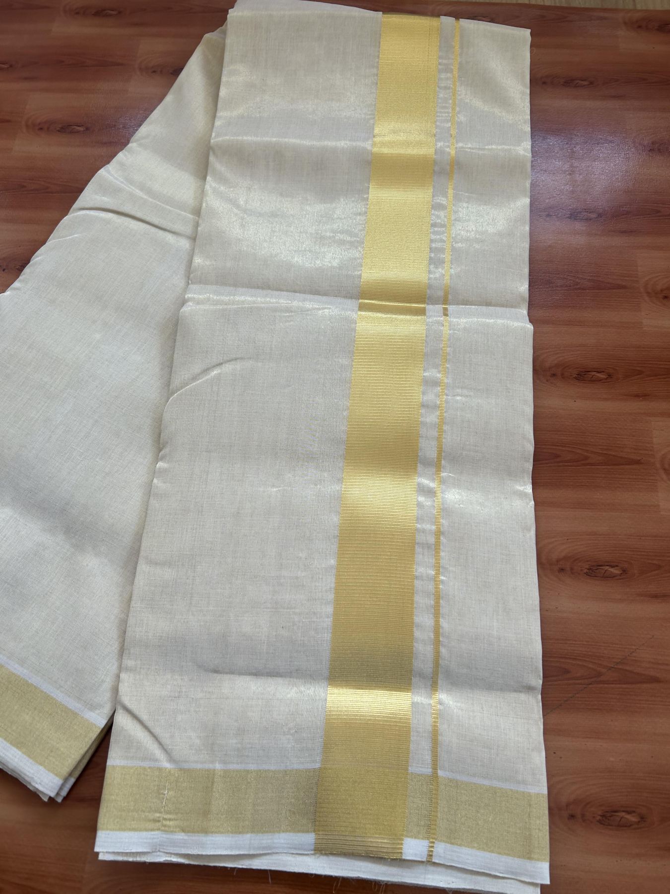 25% Discount ! KaithariKada Handloom Unakkupaav Kerala Handloom - Pure Cotton Off White - (Unbleached) Double Mundu/Dhoti - (100X80) - 2 inch Gold Kasavu Tissue Body 4 mtr (8.5 Muzham) - 12 KK5384 ABH