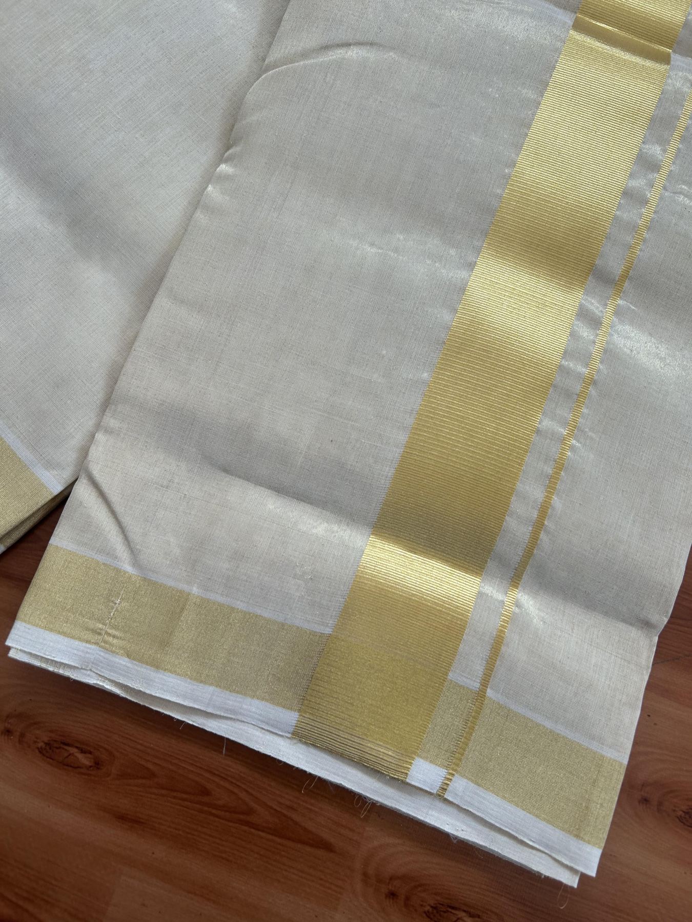 25% Discount ! KaithariKada Handloom Unakkupaav Kerala Handloom - Pure Cotton Off White - (Unbleached) Double Mundu/Dhoti - (100X80) - 2 inch Gold Kasavu Tissue Body 4 mtr (8.5 Muzham) - 12 KK5384 ABH