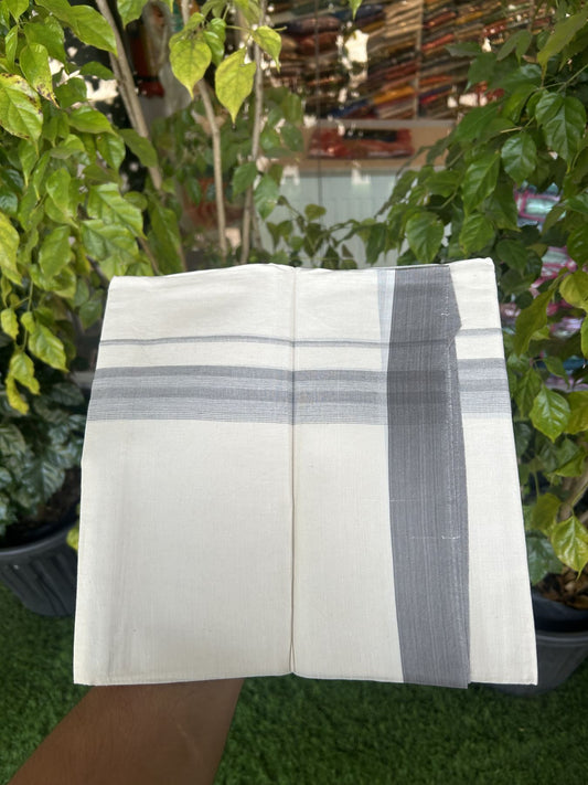 20% Discount! Kaitharikada Balaramapuram Double Off White Mundu/Dhoti - 100x80 - 1.25 Inch Light Grey Shaded Stripes Kara 4 mtr (8.5 muzham) - 17 KK5311 VAS