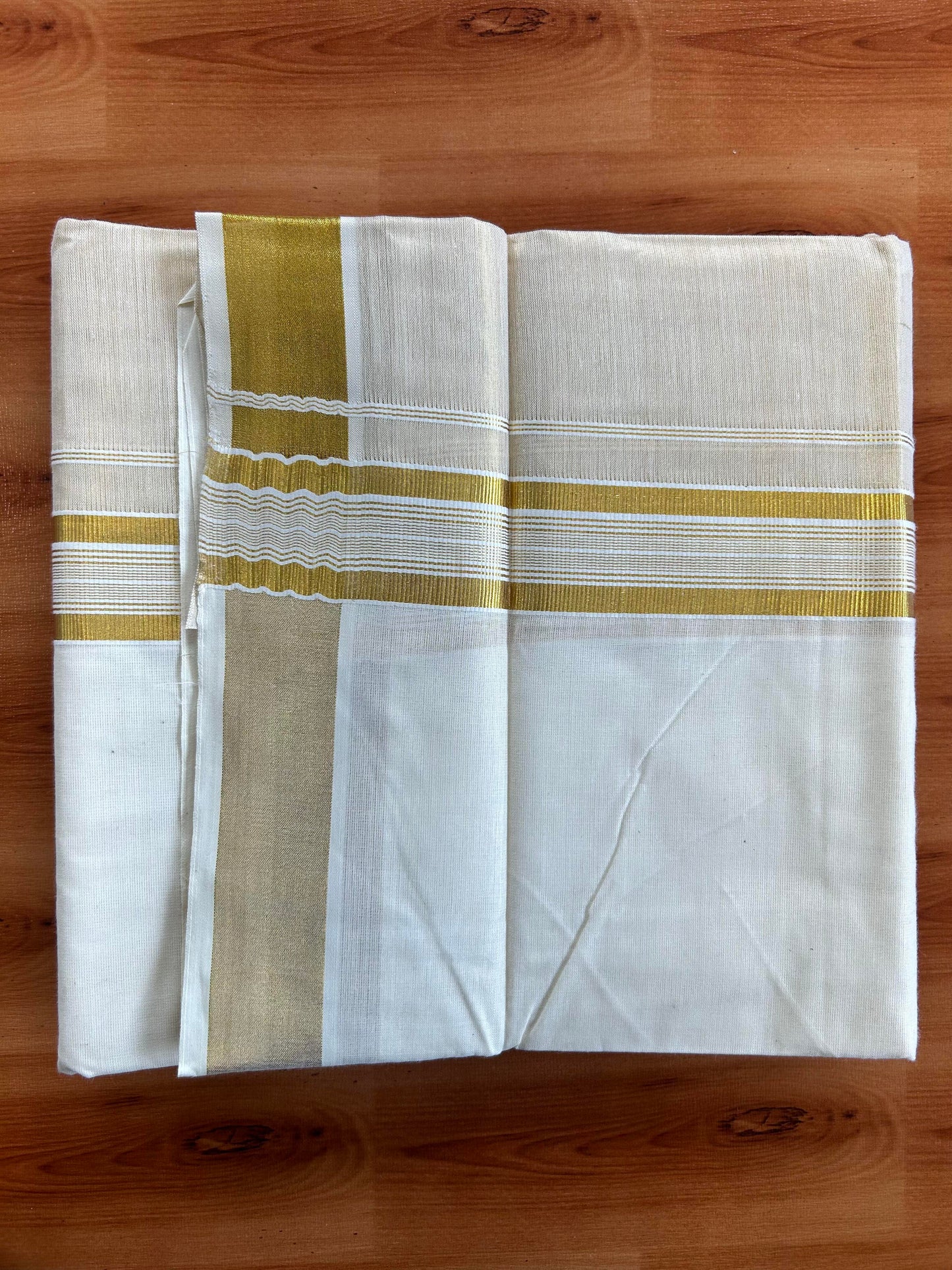 Double Off White Dhoti/Mund- 20% Discount! Kaitharikada Balaramapuram  Cotton - (60s) - 7.25 Inch Gold Kasav Tissue Striped Kara 4 mtr (8.5 muzham) - 7 KK5412 GAN