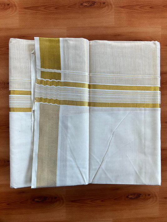 Double Off White Dhoti/Mund- 20% Discount! Kaitharikada Balaramapuram  Cotton - (60s) - 7.25 Inch Gold Kasav Tissue Striped Kara 4 mtr (8.5 muzham) - 7 KK5412 GAN