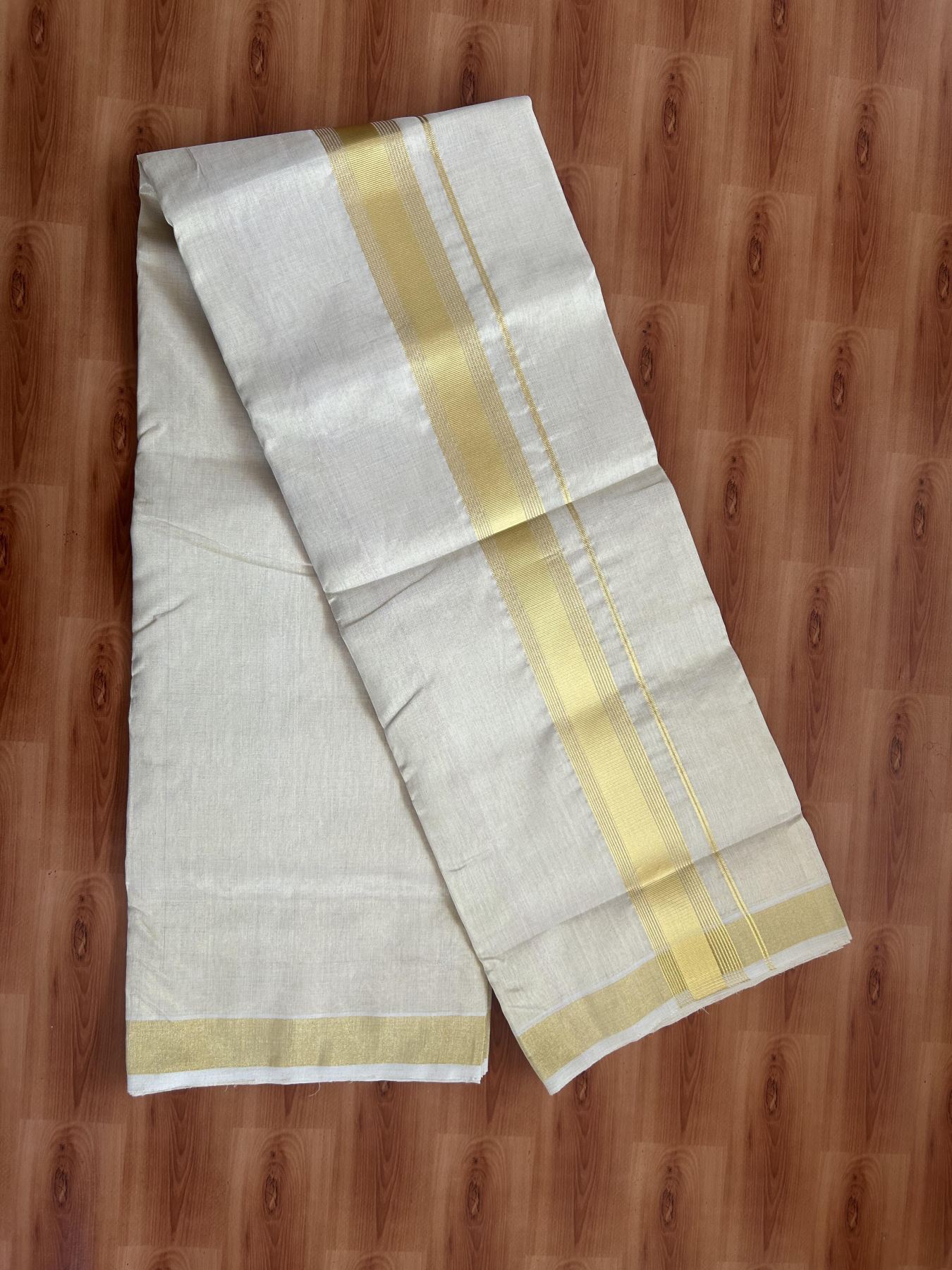 25% Discount ! KaithariKada Handloom Unakkupaav Kerala Handloom - Pure Cotton Off White - (Unbleached) Double Mundu/Dhoti - (100X80) - 2 inch Gold Kasavu Striped Tissue Body 4 mtr (8.5 Muzham) - 13 KK5384 ABH