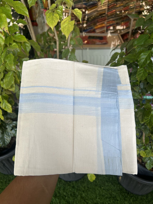 20% Discount! Kaitharikada Balaramapuram Double Off White Mundu/Dhoti - 100x80 - 1.75 Inch Light Sky Blue Shaded Stripes Kara 4 mtr (8.5 muzham) - 19 KK5311 VAS