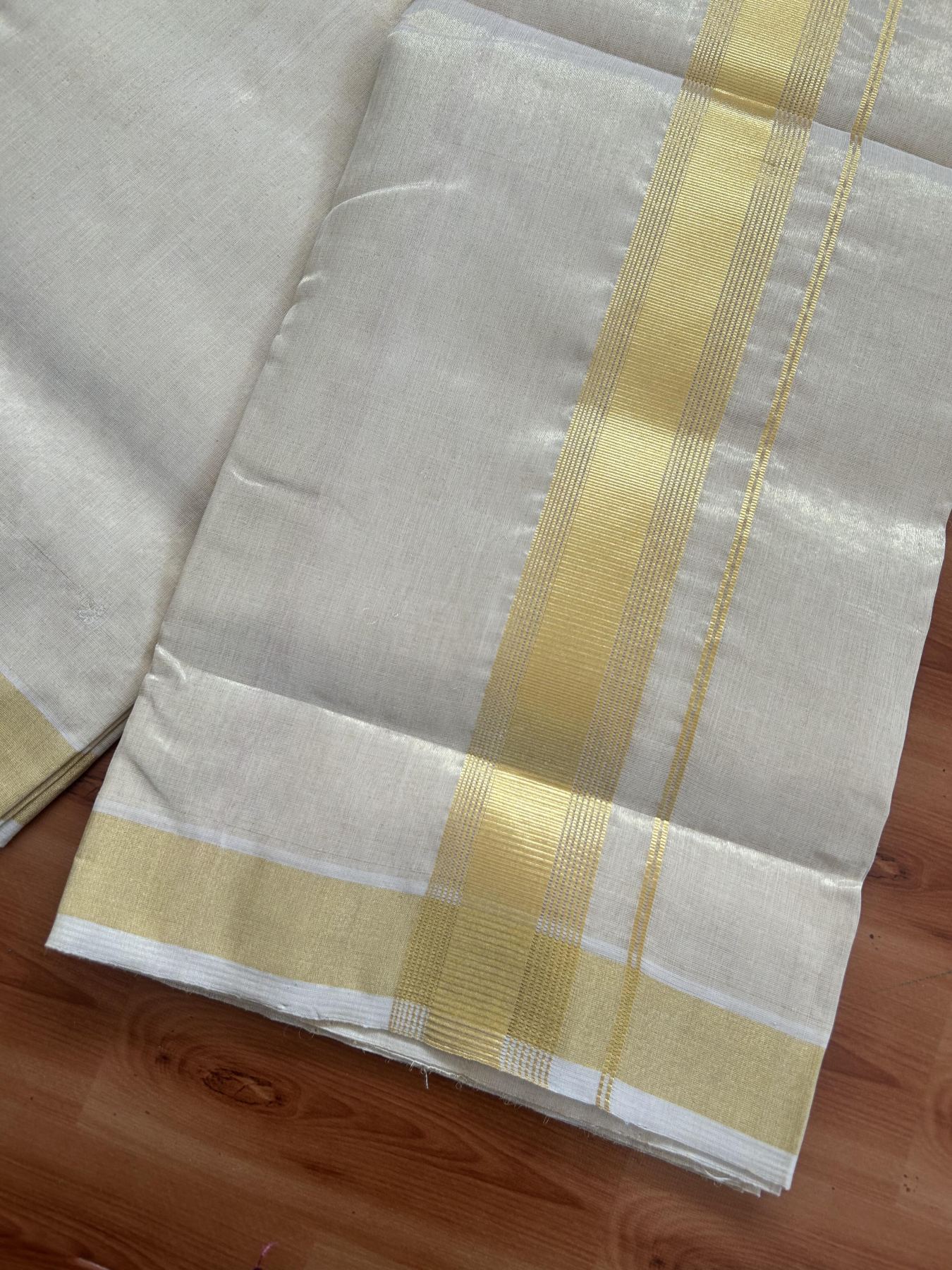 25% Discount ! KaithariKada Handloom Unakkupaav Kerala Handloom - Pure Cotton Off White - (Unbleached) Double Mundu/Dhoti - (100X80) - 2 inch Gold Kasavu Striped Tissue Body 4 mtr (8.5 Muzham) - 13 KK5384 ABH