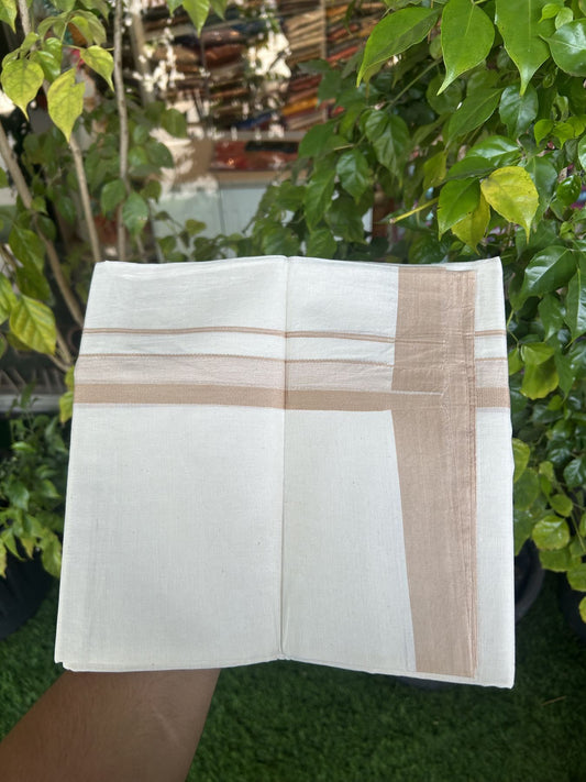 20% Discount! Kaitharikada Balaramapuram Double Off White Mundu/Dhoti -100x80 - 1.25 Inch Sand Brown Shaded Stripes Kara 4 mtr (8.5 muzham) - 15 KK5311 VAS