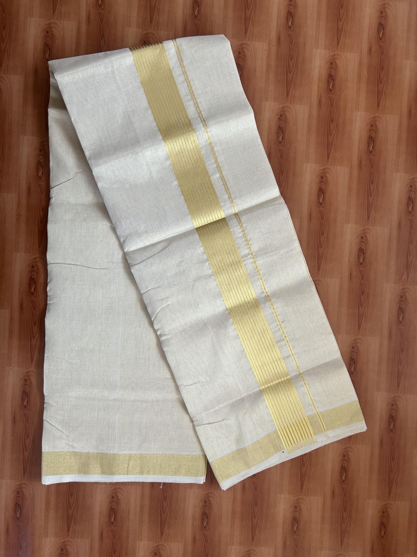 25% Discount ! KaithariKada Handloom Unakkupaav Kerala Handloom - Pure Cotton Off White - (Unbleached) Double Mundu/Dhoti - (100X80) - 2 inch Gold Kasavu Striped Tissue Body 4 mtr (8.5 Muzham) - 14 KK5384 ABH