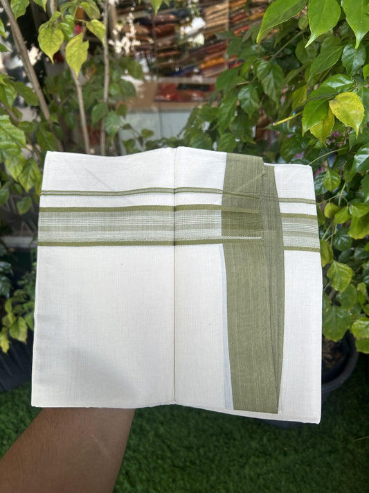 20% Discount! Kaitharikada Balaramapuram Double Off White Mundu/Dhoti -100x80 - 1.5 Inch Olive Green Stripes Kara 4 mtr (8.5 muzham) - 8 KK5311 VAS