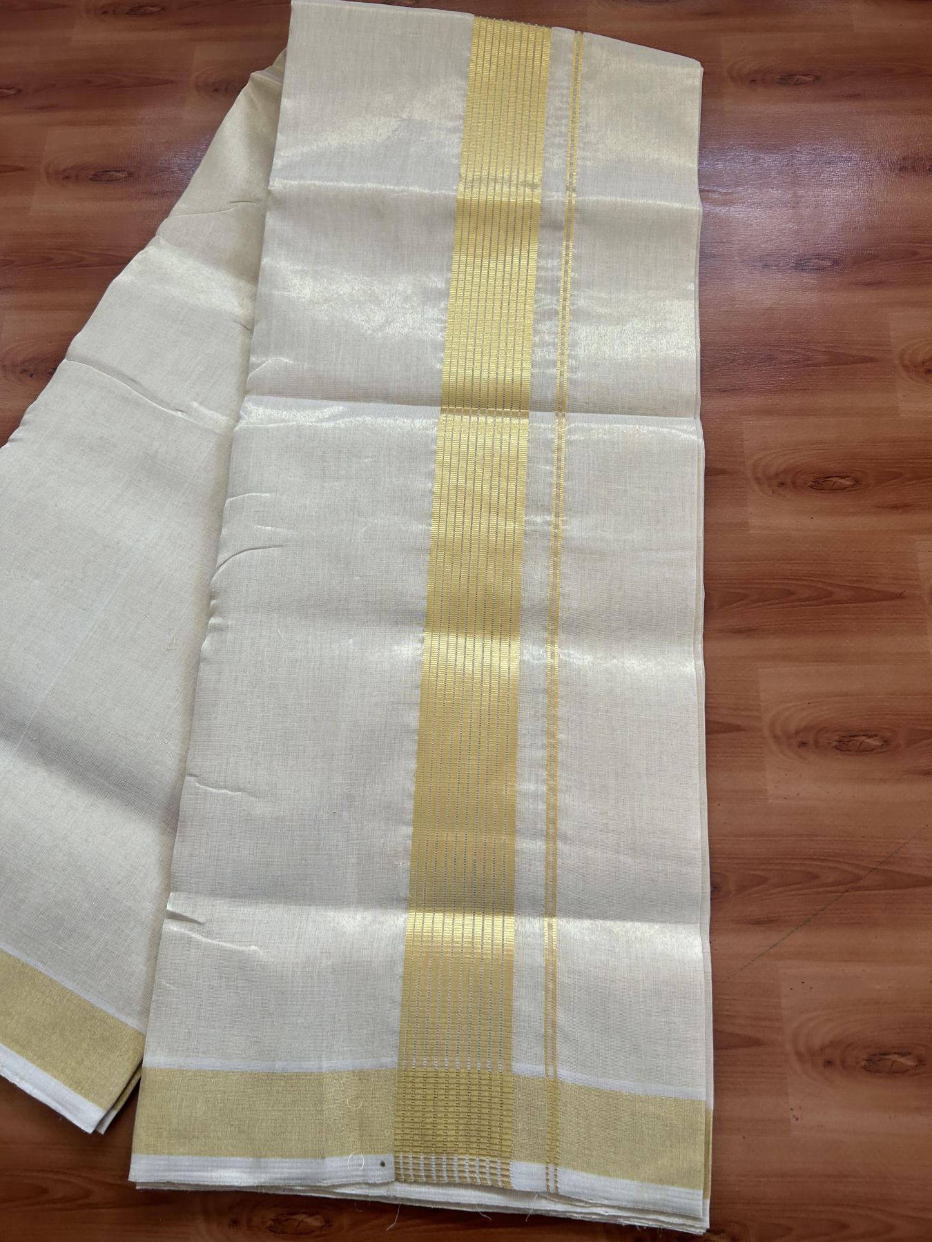 25% Discount ! KaithariKada Handloom Unakkupaav Kerala Handloom - Pure Cotton Off White - (Unbleached) Double Mundu/Dhoti - (100X80) - 2 inch Gold Kasavu Striped Tissue Body 4 mtr (8.5 Muzham) - 14 KK5384 ABH