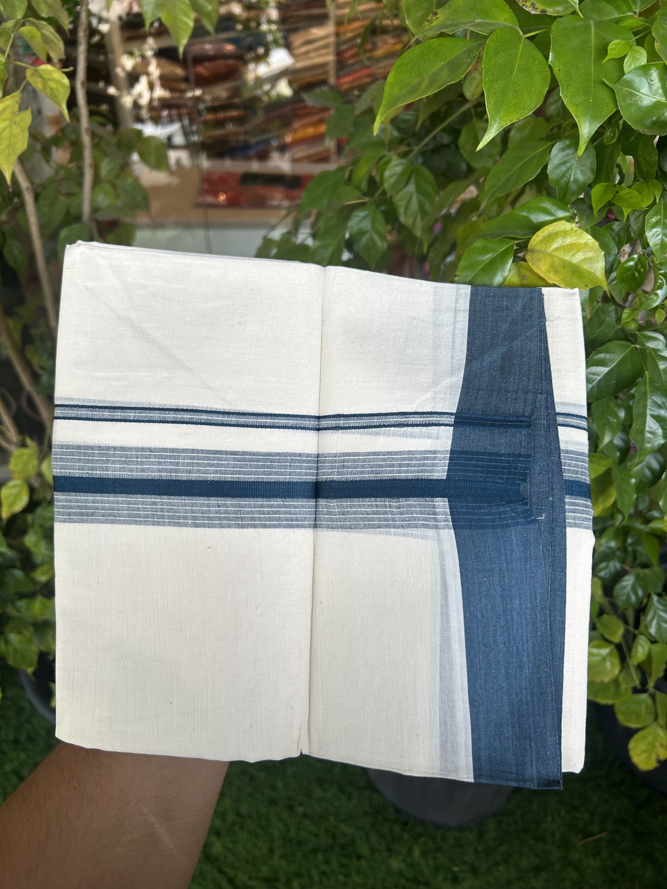 20% Discount! Kaitharikada Balaramapuram Double Off White Mundu/Dhoti - 100x80 - 1.75 Inch Dark Peacock Blue Shaded Stripes Kara 4 mtr (8.5 muzham) - 21 KK5311 VAS