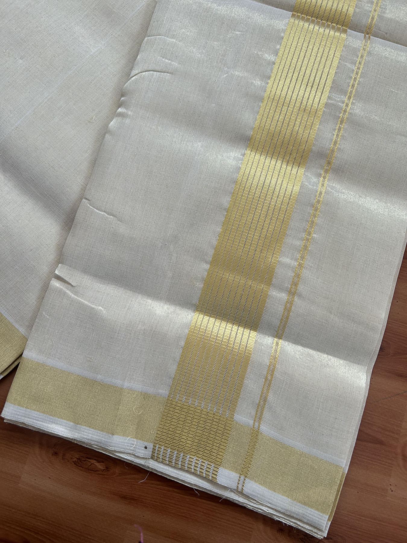 25% Discount ! KaithariKada Handloom Unakkupaav Kerala Handloom - Pure Cotton Off White - (Unbleached) Double Mundu/Dhoti - (100X80) - 2 inch Gold Kasavu Striped Tissue Body 4 mtr (8.5 Muzham) - 14 KK5384 ABH