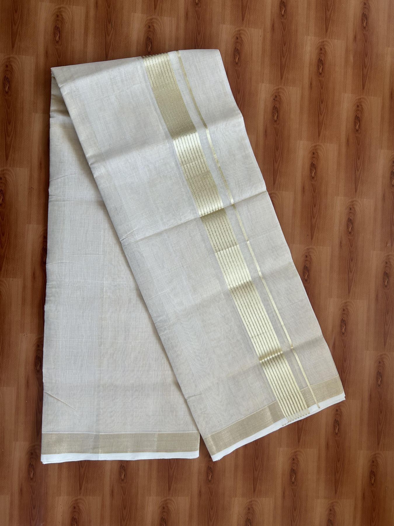 25% Discount ! KaithariKada Handloom Unakkupaav Kerala Handloom - Pure Cotton Off White - (Unbleached) Double Mundu/Dhoti - (100X80) - 1.25 inch Light Gold Kasavu Striped Tissue Body 4 mtr (8.5 Muzham) - 15 KK5384 ABH