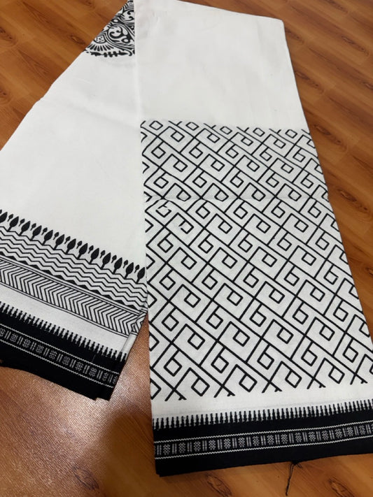 Printed Single Kaily / Lungi -Mixed Cotton - Kaitharikada - 40s twisted - Black Design printed kuppadam kara with White colour body (2 meter / 4 muzham) - 102 KK8069 GAN