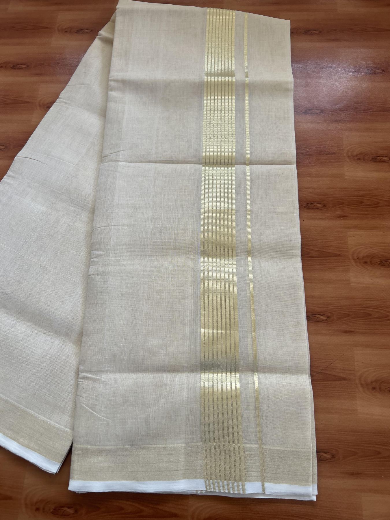 25% Discount ! KaithariKada Handloom Unakkupaav Kerala Handloom - Pure Cotton Off White - (Unbleached) Double Mundu/Dhoti - (100X80) - 1.25 inch Light Gold Kasavu Striped Tissue Body 4 mtr (8.5 Muzham) - 15 KK5384 ABH