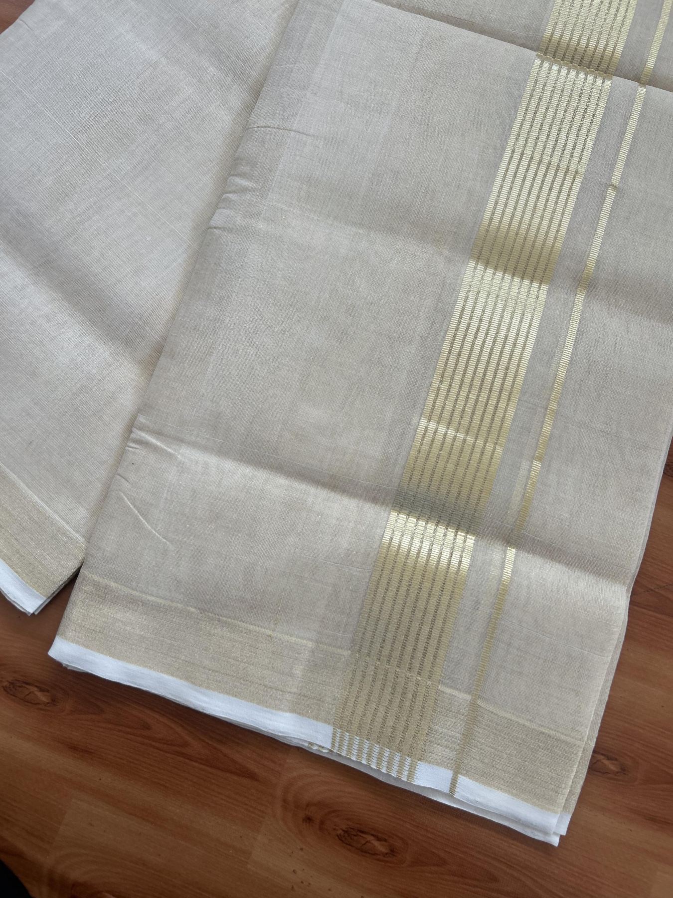 25% Discount ! KaithariKada Handloom Unakkupaav Kerala Handloom - Pure Cotton Off White - (Unbleached) Double Mundu/Dhoti - (100X80) - 1.25 inch Light Gold Kasavu Striped Tissue Body 4 mtr (8.5 Muzham) - 15 KK5384 ABH